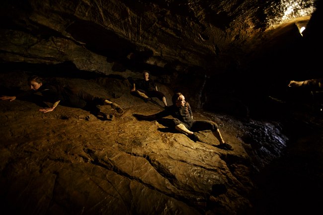Beneath Our Feet at Cheddar Gorge, Made By Katie Green, performers Henry Curtis, Megan Griffiths and Lucy Starkey, photographer Owen Benson