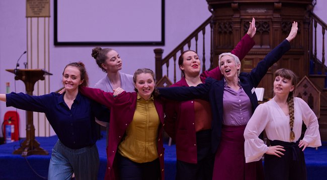 The Imagination Museum: Mayflower 400 at Gainsborough United Reformed Church; performers (L-R) Emma Bouch, Amy O'Sullivan, Lucy Starkey, Sarah Blanc, Megan Griffiths, Alice Shepperson; photographer Jon Rogers