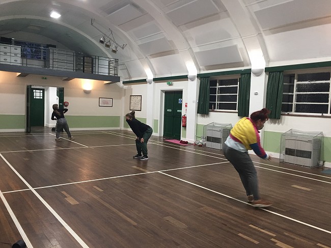 Rehearsal for The Imagination Museum: Mayflower 400 with (L-R) Alice Shepperson, Lucy Starkey, Sarah Blanc