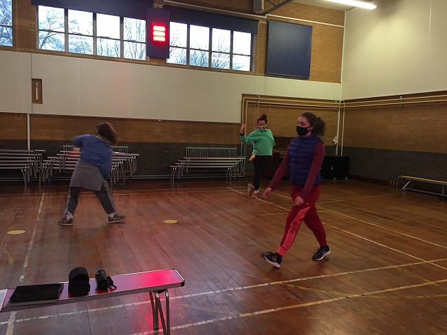 Rehearsal for The Imagination Museum: Mayflower 400 with (L-R) Alice Shepperson, Sarah Blanc, Lucy Starkey