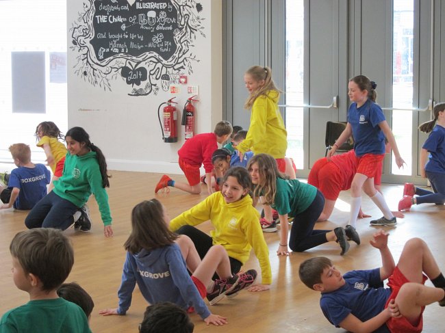 Photo Emma McFarland; children rehearsing for Tudor-themed performance