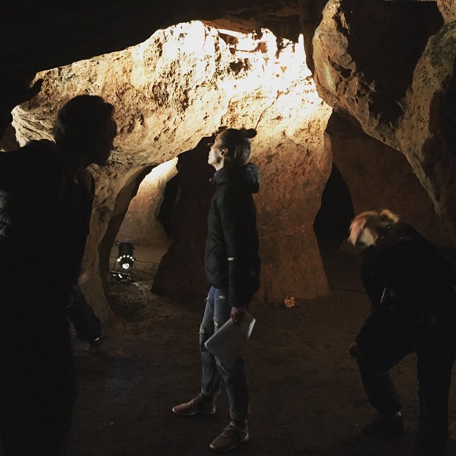 Rehearsing Beneath Our Feet on site at Redcliffe Caves, Bristol, performers Henry Curtis, Megan Griffiths, Lucy Starkey,  Lou Vilstrup