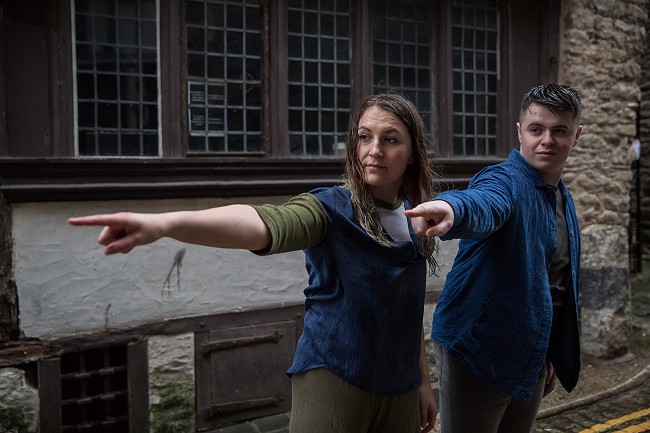 Plymouth Dance Artists Kaitlyn Howlett and Kane John Mills rehearse outside Elizabethan House, Plymouth; photo by Roswitha Chesher
